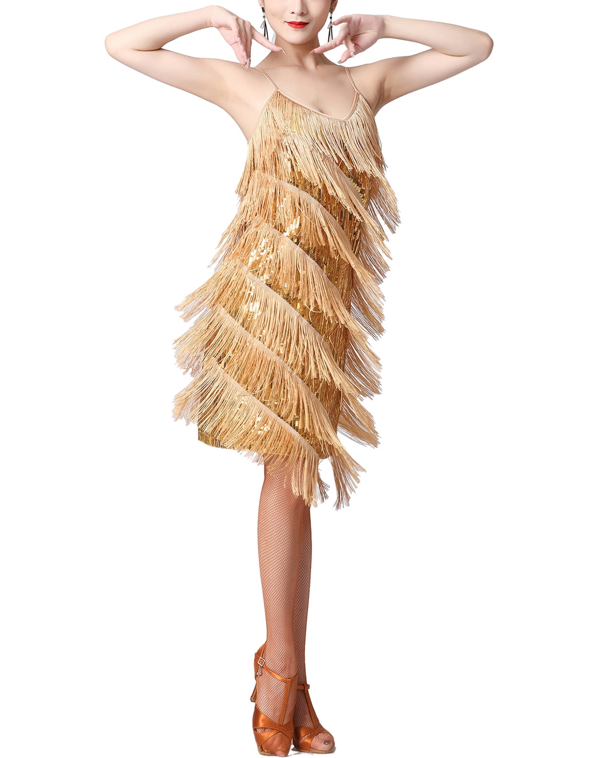 Whitewed Great Gatsby Flapper Dress 1920s Style Vintage Women'S Sequined Tassels 20S Party Outfits Dress Halloween, Size: 16, Gold