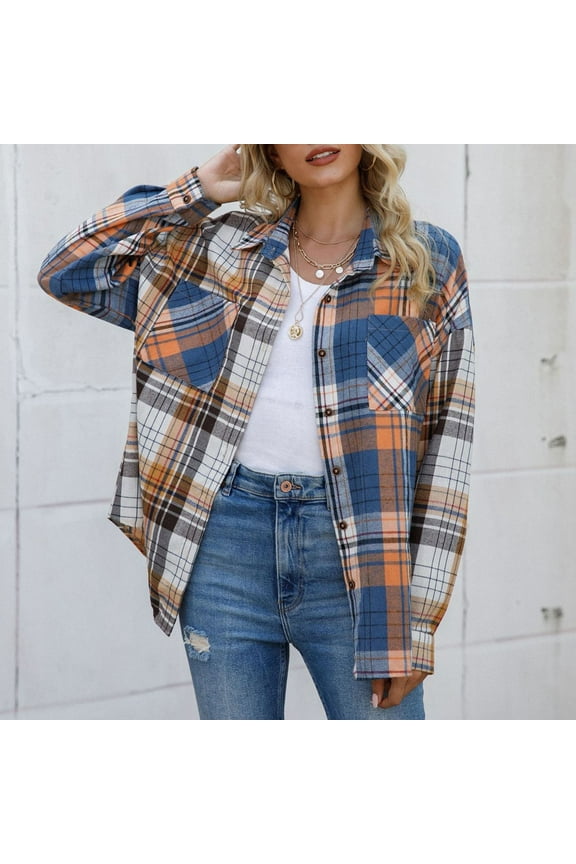 Great Gifts for Less Ofreoo Women's Spring Fashion Flip Collar Pocket Panel Checkered Shirt Coat Long Sleeve Hoodless Casual OutwearJackets Winter Coats for Women