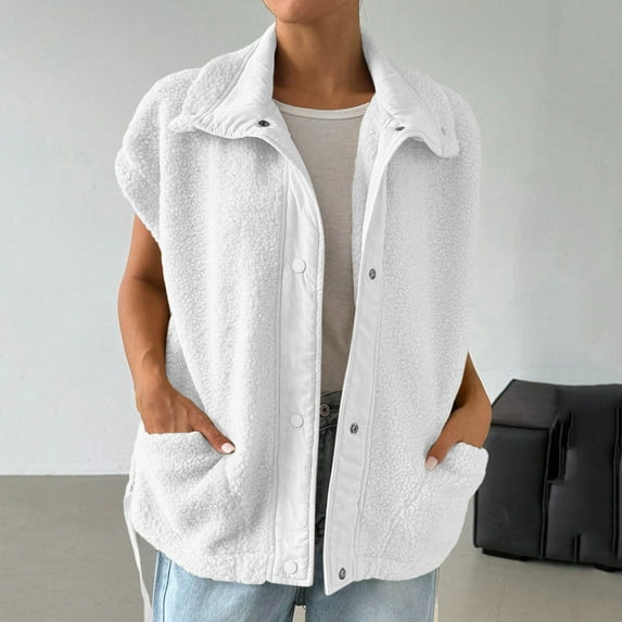 Great Gifts for Less Puffer Vest Women Sleeveless Winter Cropped Outerwear Women Pocket Coat Short Jacket Winter Sleeveless Fleece Button Solid Outerwear White XXL