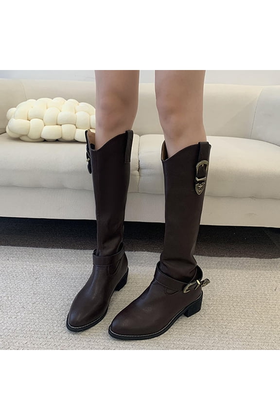 Great Gifts for Less Womens Ankle Boots Zipper Winter Dress Shoes Women's Fashion Casual British Style Long Boots Solid Color Belt Buckle Pointed Toe Chunky Heel Low Heel Knee-High Boots Brown 40