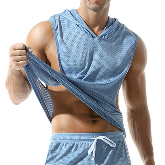 Great Gifts for Less Ofreoo Men's Solid-Color Casual Sports Fitness Training Hollow Mesh V-neck Sleeveless Hooded Summer Tank Top