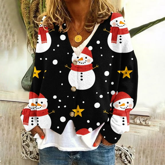 Great Gifts for Less Ofreoo Women‘s Casual Cardigan Button Christmas Printed Fashion Jacket Top Winter Clothes for Women