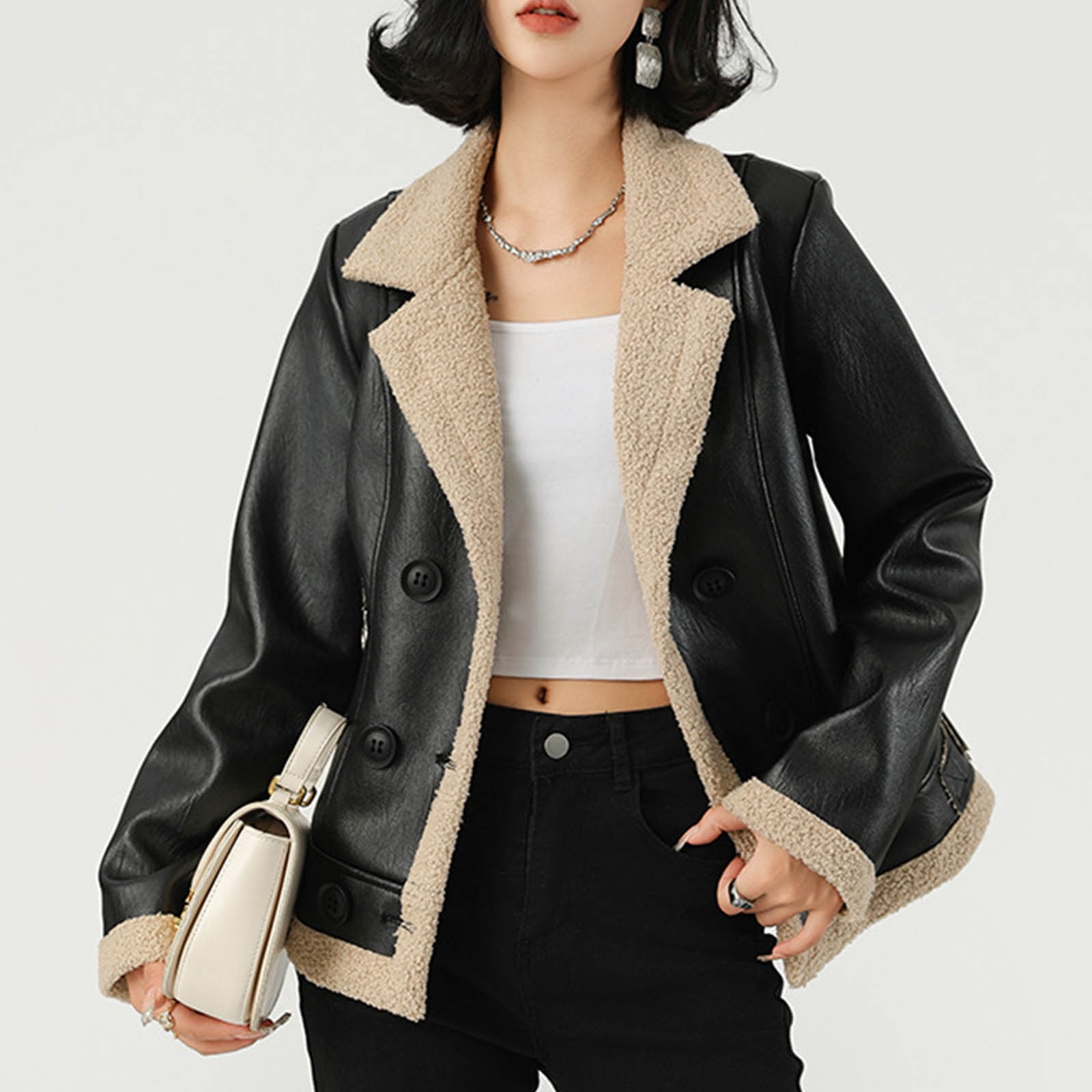 Great Gifts for Less Ofreoo Women's Plush Thick Loose Winter Long Sleeved V-neck Jacket Long Sleeved Hooded Leather Jacket Winter Clothes for Women