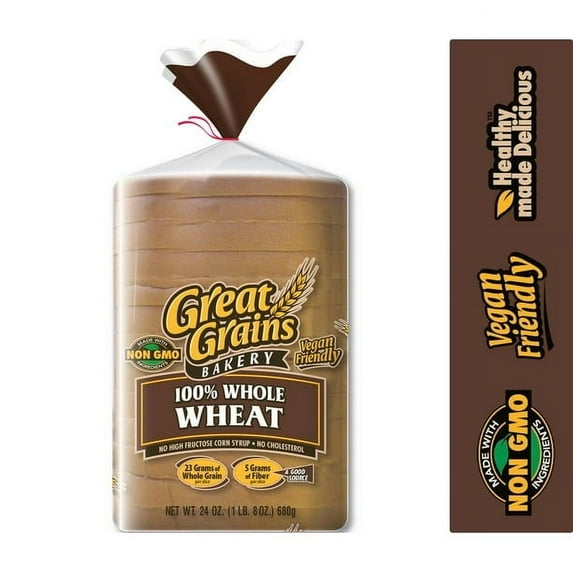 Great Grains Bakery 100% Whole Wheat Bread, 24 oz (Pack of 2)