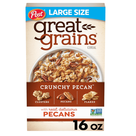 Great Grains Crunchy Pecans Breakfast Cereal for Adults, Crispy Flakes and Granola Clusters, Non-GMO, Heart Healthy, Made with Whole Grain, 16 oz Box