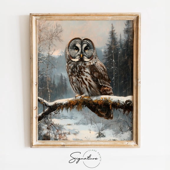 Great Grey Owl Perched in a Snowy Forest, Romantic Wildlife Art, Serene Winter Nature Scene, Cottagecore able Wall Decor 3055 Unframed Paper Print