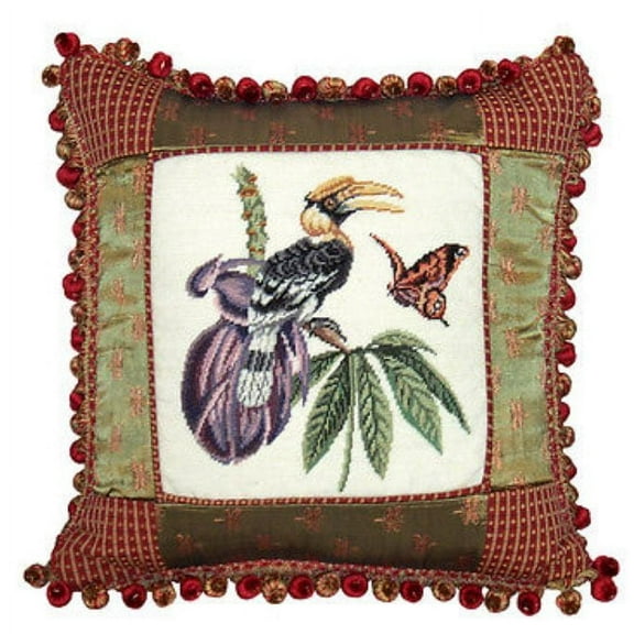 Great Hornbill Petit-Point Pillow/ Fabric Trim 16"x16"