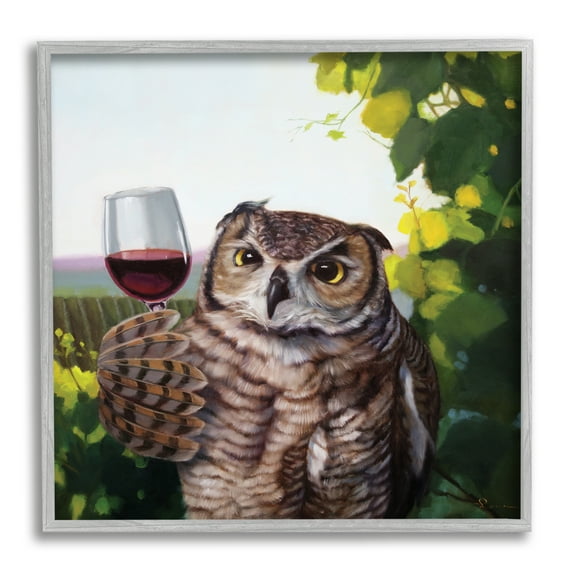 Great Horned Owl Drinking Red Wine Vineyard Bird Animals & Insects Framed Art Print Wall Art, 17x17