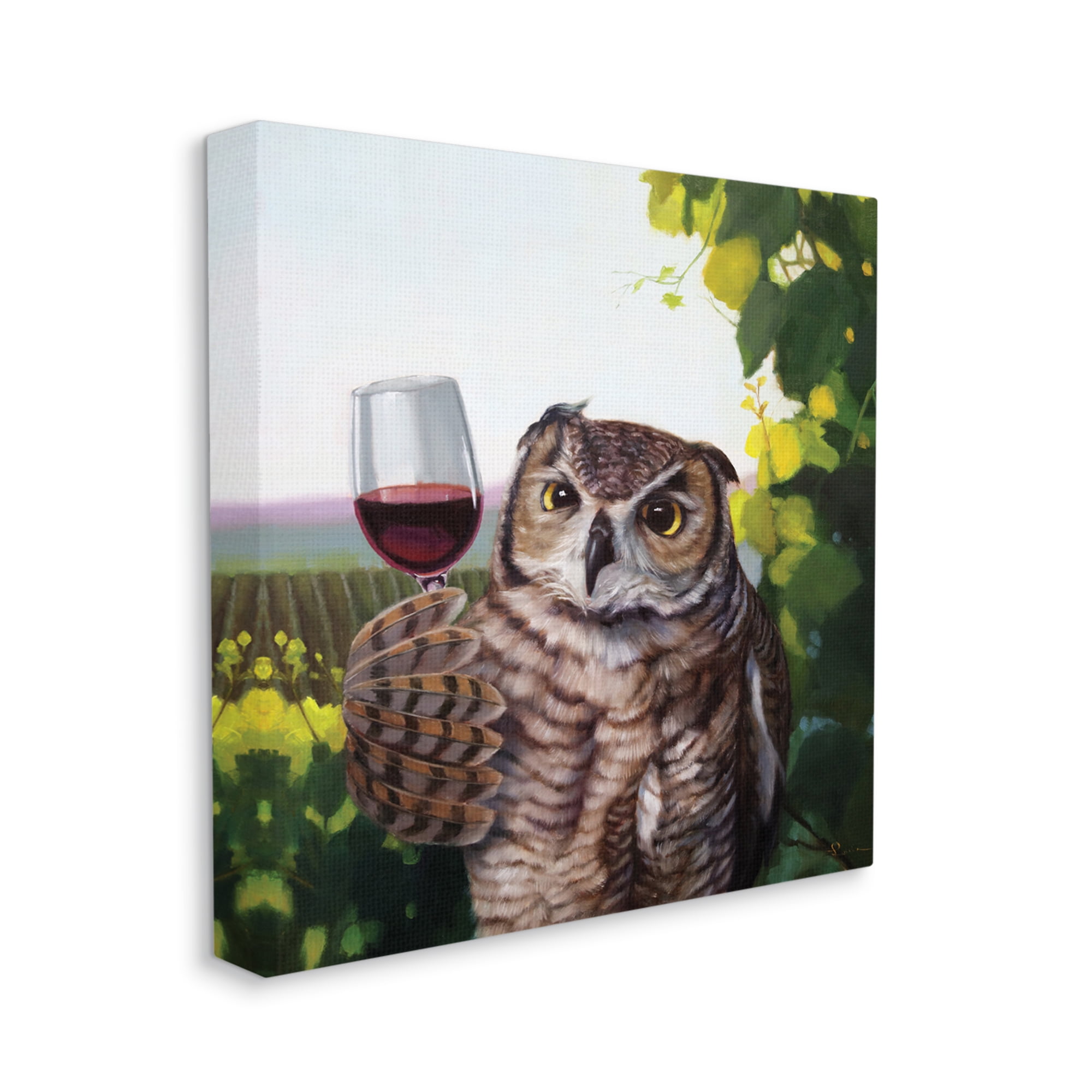 Great Horned Owl Drinking Red Wine Vineyard Bird Animals & Insects Gallery-Wrapped Canvas Print Wall Art, 17x17