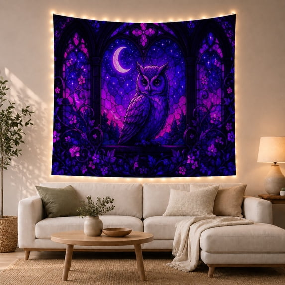 Great Horned Owl in Gothic Stained Glass Night Sky, Mystical Gothic Style for Owl Lovers, Nocturnal Wall Art, Halloween Gift, Tapestry Wall Hanging for Bedroom and Dorm