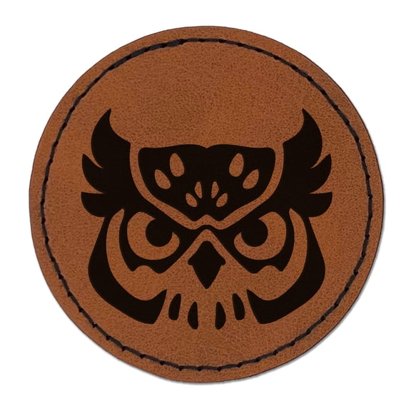 Great Horned Owl Head 2.5" Faux Leather Round Engraved Iron-On Patch - Brown