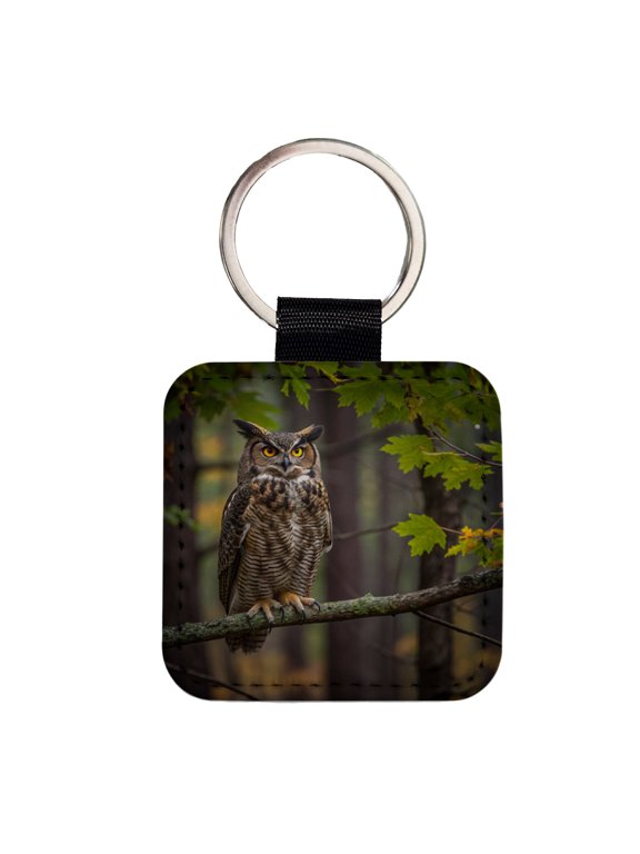 Great Horned Owl In Forest Faux Leather Square Keychain