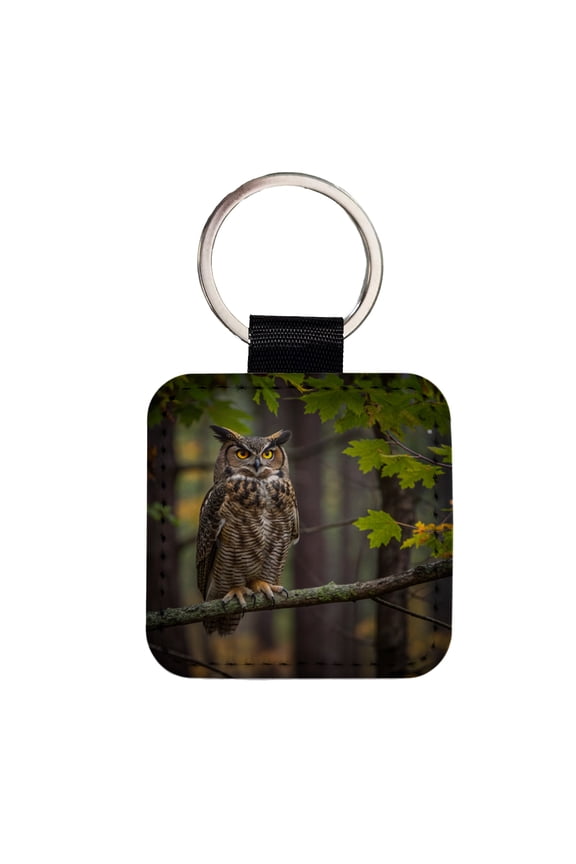 Great Horned Owl In Forest Faux Leather Square Keychain