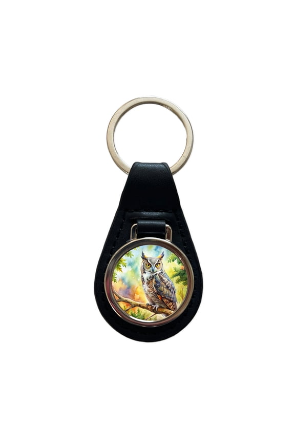 Great Horned Owl In Tree Watercolor Metal Black Leather Keychain