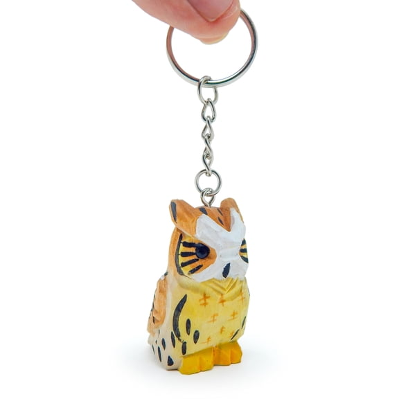 Great Horned Owl Keychain Ring Hook Clip Charm Farm Bird Miniature Wood Mini Figurine Small Animal