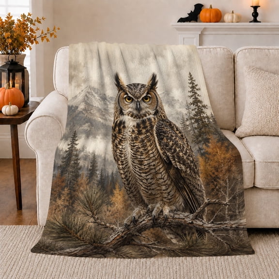 Great Horned Owl in Misty Pines, Serene Rustic Wildlife Portrait for Owl Lovers, Woodland Forest Scene and Father's Day Gift, Cozy Flannel Blanket for Cabin and Lodge, Nature Home Decor