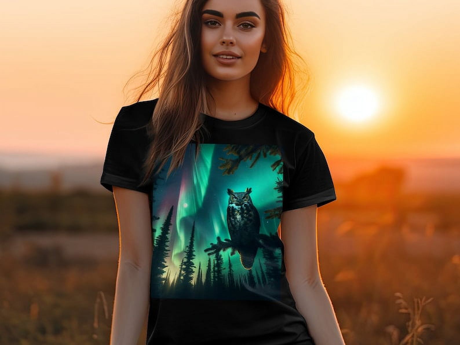 Great Horned Owl Northern Lights Premium Bella + Canvas 3001 TShirt