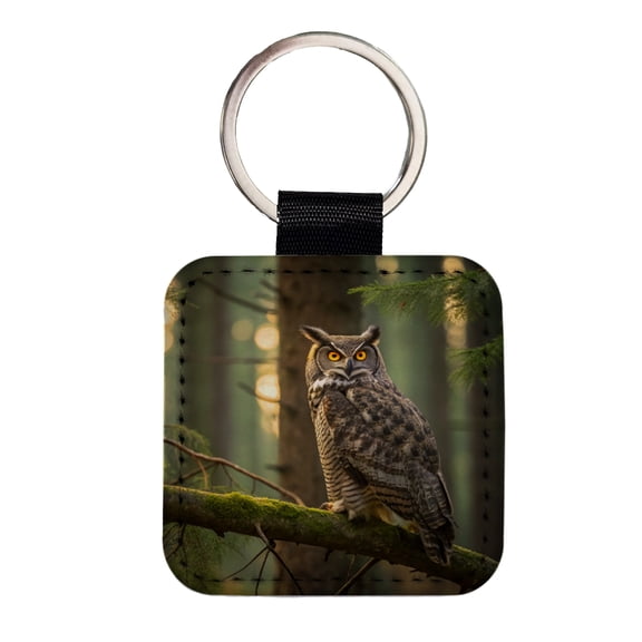 Great Horned Owl On Branch Faux Leather Square Keychain