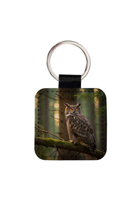Great Horned Owl On Branch Faux Leather Square Keychain