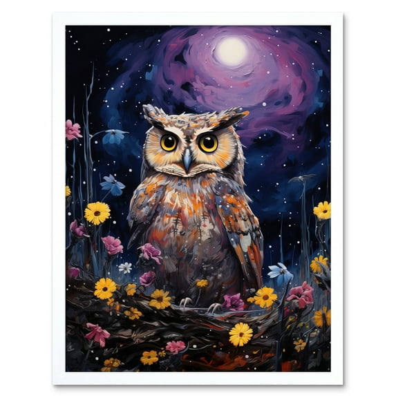 Great Horned Owl Portrait with Lavender Full Moon Oil Painting Spring Night in Countryside Flower Meadow Art Print Framed Poster Wall Decor 12x16 inch