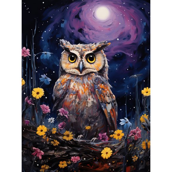 Great Horned Owl Portrait with Lavender Full Moon Oil Painting Spring Night in Countryside Flower Meadow Unframed Wall Art Print Poster Home Decor Premium