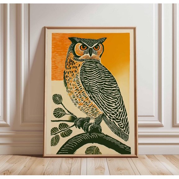 Great Horned Owl Poster, Orange Green Linocut Bird Art