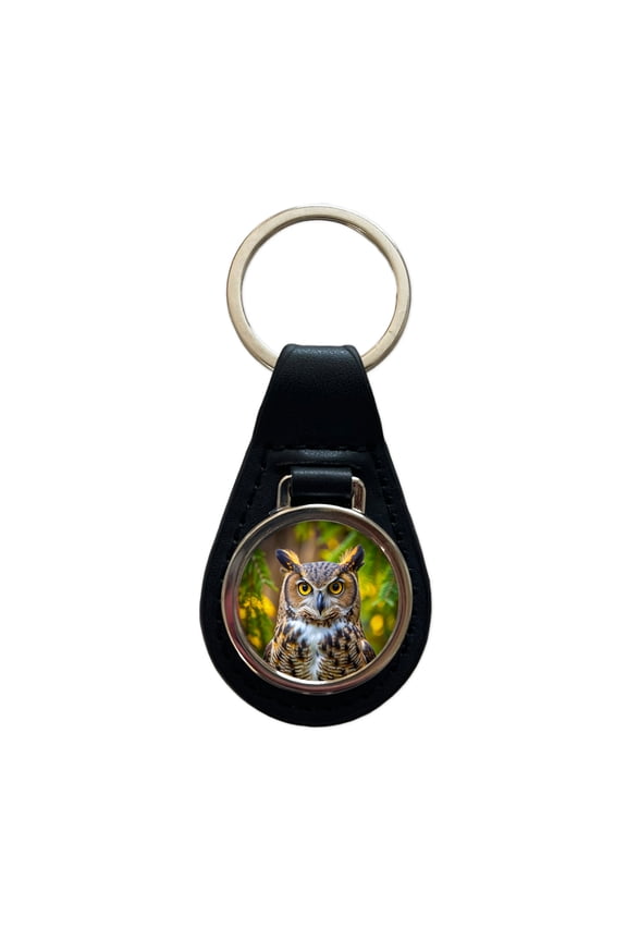 Great Horned Owl Raptor Bird Of Prey Metal Black Leather Keychain