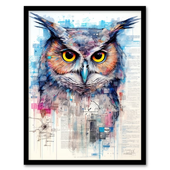 Great Horned Owl Robot Hybrid Secret Military Schematic Blueprint Futuristic Complex Arcane Manuscript Gift For Him Man Cave Art Print Framed Poster Wall Decor 12x16 inch