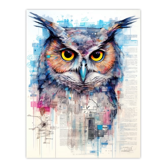 Great Horned Owl Robot Hybrid Secret Military Schematic Blueprint Futuristic Complex Arcane Manuscript Gift For Him Man Cave Extra Large XL Wall Art Poster Print