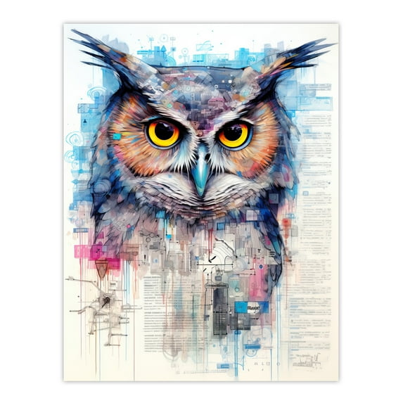 Great Horned Owl Robot Hybrid Secret Military Schematic Blueprint Futuristic Complex Arcane Manuscript Gift For Him Man Cave Unframed Wall Art Print Poster Home Decor Premium