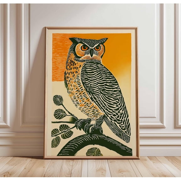 Great Horned Owl Wall Art Bold Orange Green Bird Linocut Style Art, Unframed Poster