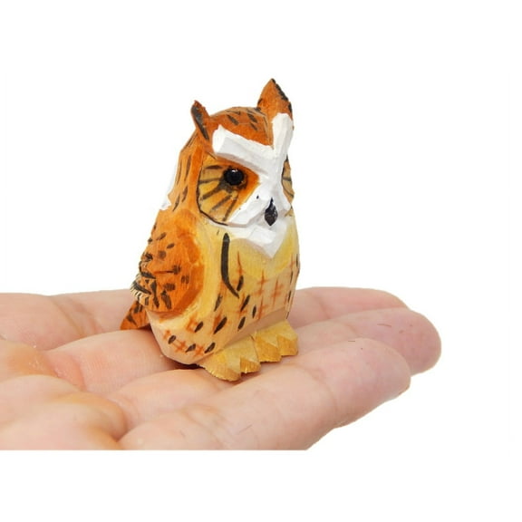 Great Horned Owl Wooden Figurine - Miniature Carving, Hand-Made, Small Bird, Folk Art, Cute Animals