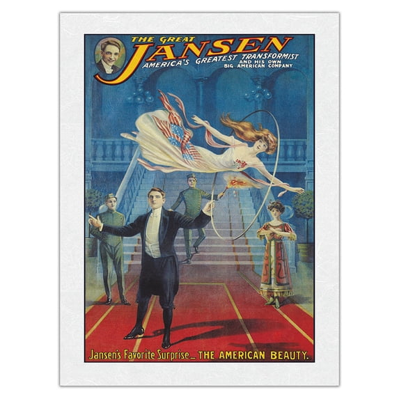 The Great Jansen - America’s Greatest Transformist - The American Beauty - Vintage Magic Poster c.1920 - Japanese Unryu Rice Paper Art Print (Unframed) 12 x 16 in