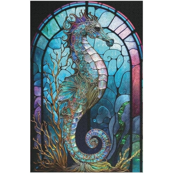 Great Jigsaw Puzzles for Adults 500 Piece Seahorse Stained Glass Puzzles for Adults Toys Gift Family Decoration