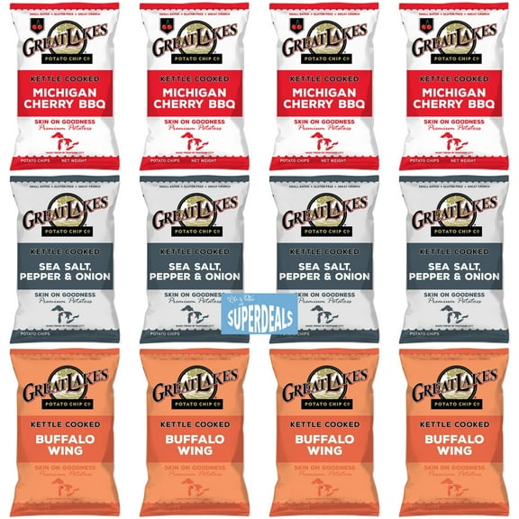 Great Lakes Bold & Zesty Flavor Trio: The Ultimate Snack Adventure by SUPERDEALS | 1.375 Oz Bag | 4 Michigan Cherry BBQ | 4 Sea Salt Pepper & Onion | 4 Buffalo Wing | Pack of 12 with mystery gift