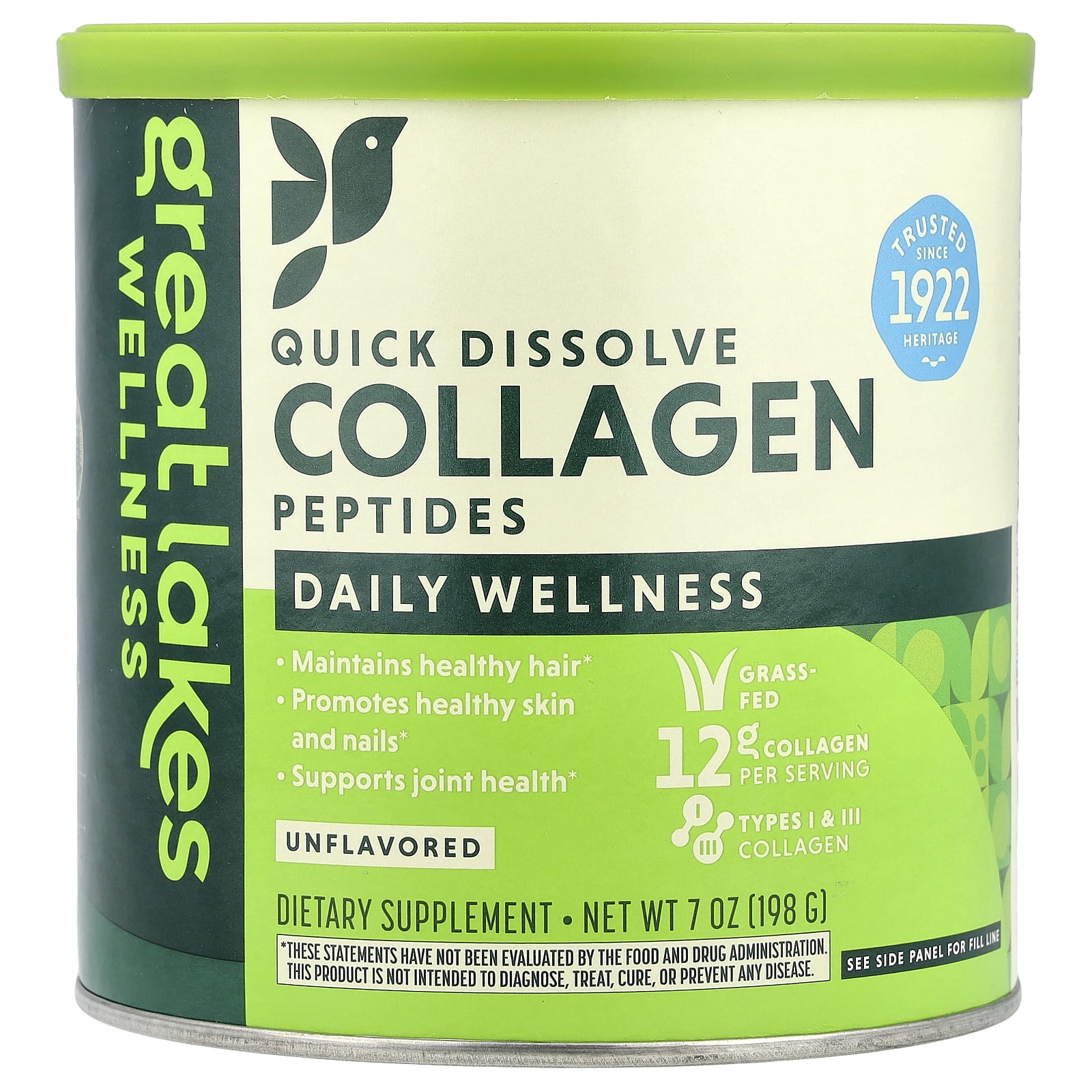 Great Lakes Wellness Quick Dissolve Collagen Peptides, Daily Wellness, Unflavored, 7 oz (198 g)