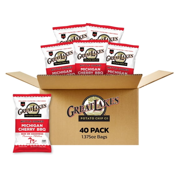 Great Lakes Potato Chip Co. Michigan Cherry BBQ Kettle Cooked Potato Chips, Individual Snack Size Case (Pack of 40, 1.375 Oz. Bags)