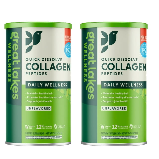 Great Lakes Quick Dissolve Collagen Peptides Daily Wellness Powder, Unflavored (16 oz) Pack of 2