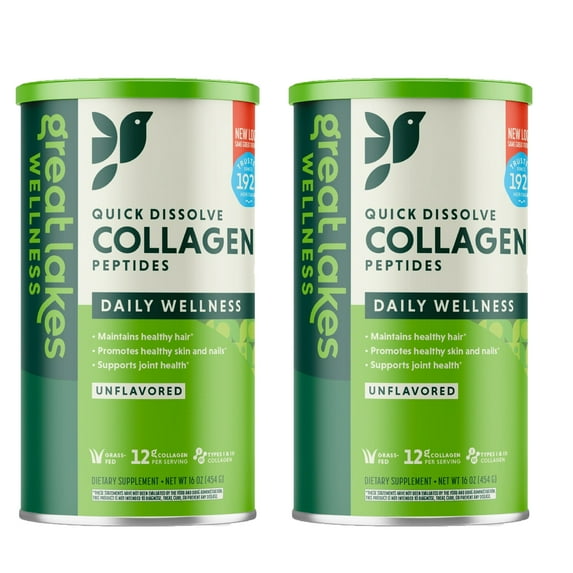 Great Lakes Quick Dissolve Collagen Peptides Daily Wellness Powder, Unflavored (16 oz) Pack of 2