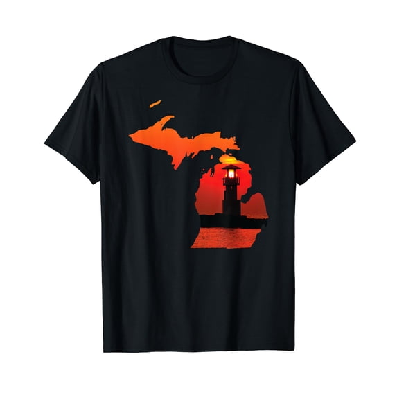 Great Lakes Shaped Men Women Sunset Michigan Lighthouse T-Shirt