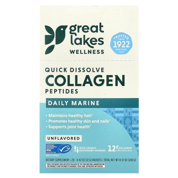 Great Lakes Wellness Quick Dissolve Collagen Peptides, Daily Marine, Unflavored, 20 Packets, 0.42 oz (12 g) Each