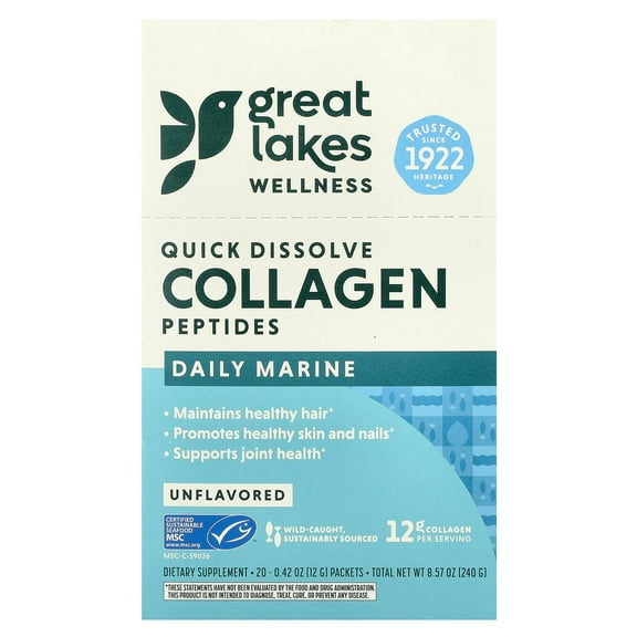 Great Lakes Wellness Quick Dissolve Collagen Peptides, Daily Marine, Unflavored, 20 Packets, 0.42 oz (12 g) Each