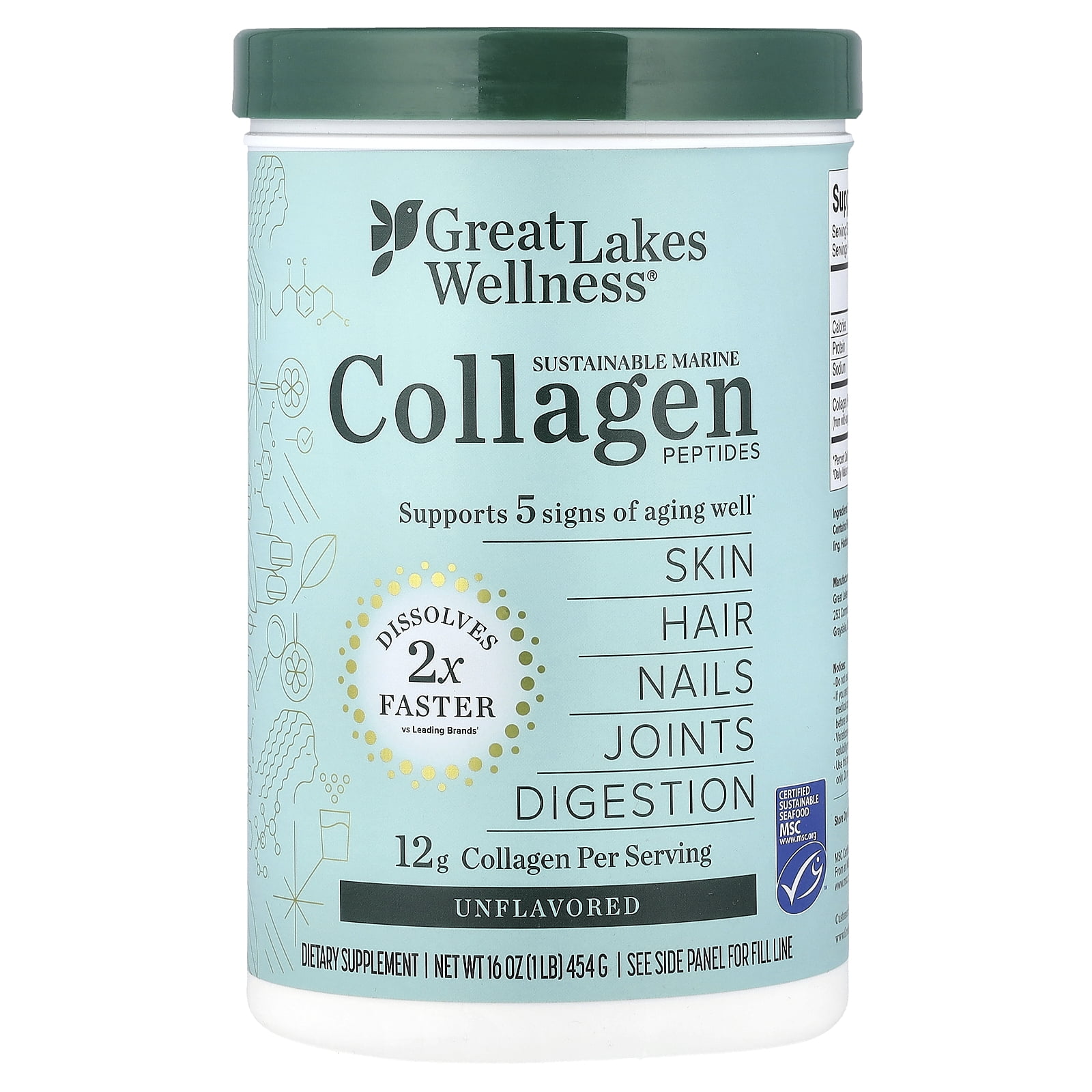 Great Lakes Wellness Sustainable Marine Collagen Peptides, Unflavored, 16 oz (454 g)