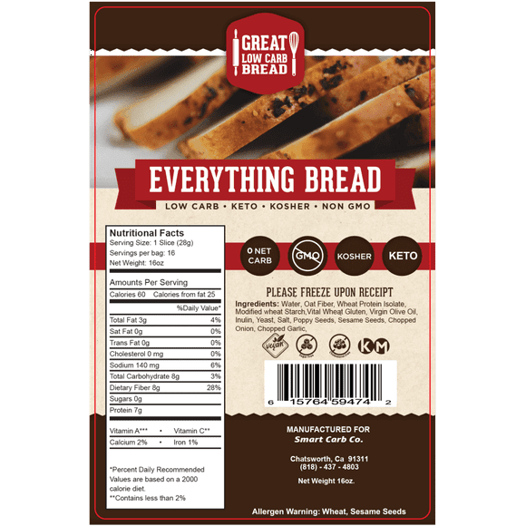 Great Low Carb Bread 0 Net Carb, Everything Bread 16oz
