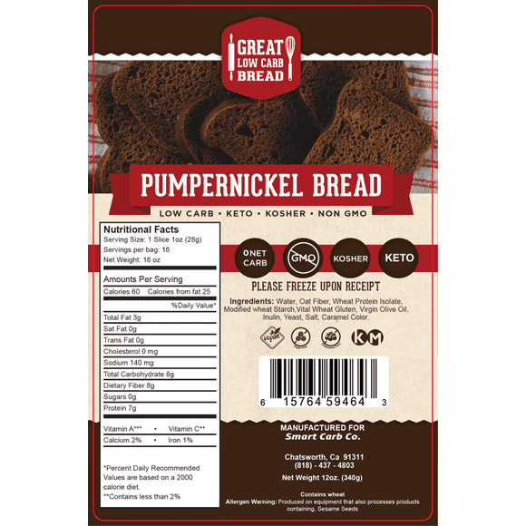 Great Low Carb Pumpernickel Bread, 0 Net Carb  16 oz