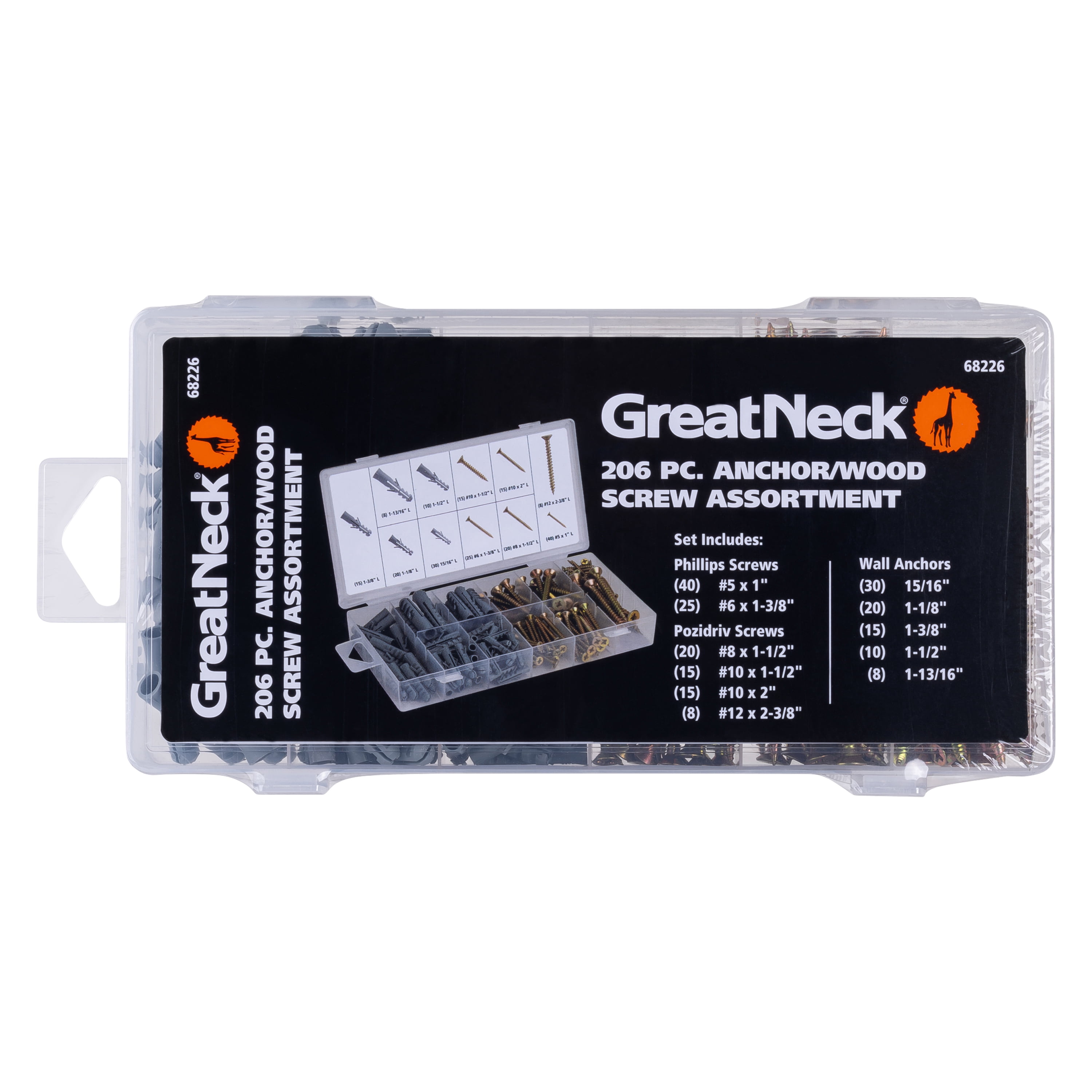 Great Neck Tools Anchor & Wood Screw Assortment, 206 Piece Set