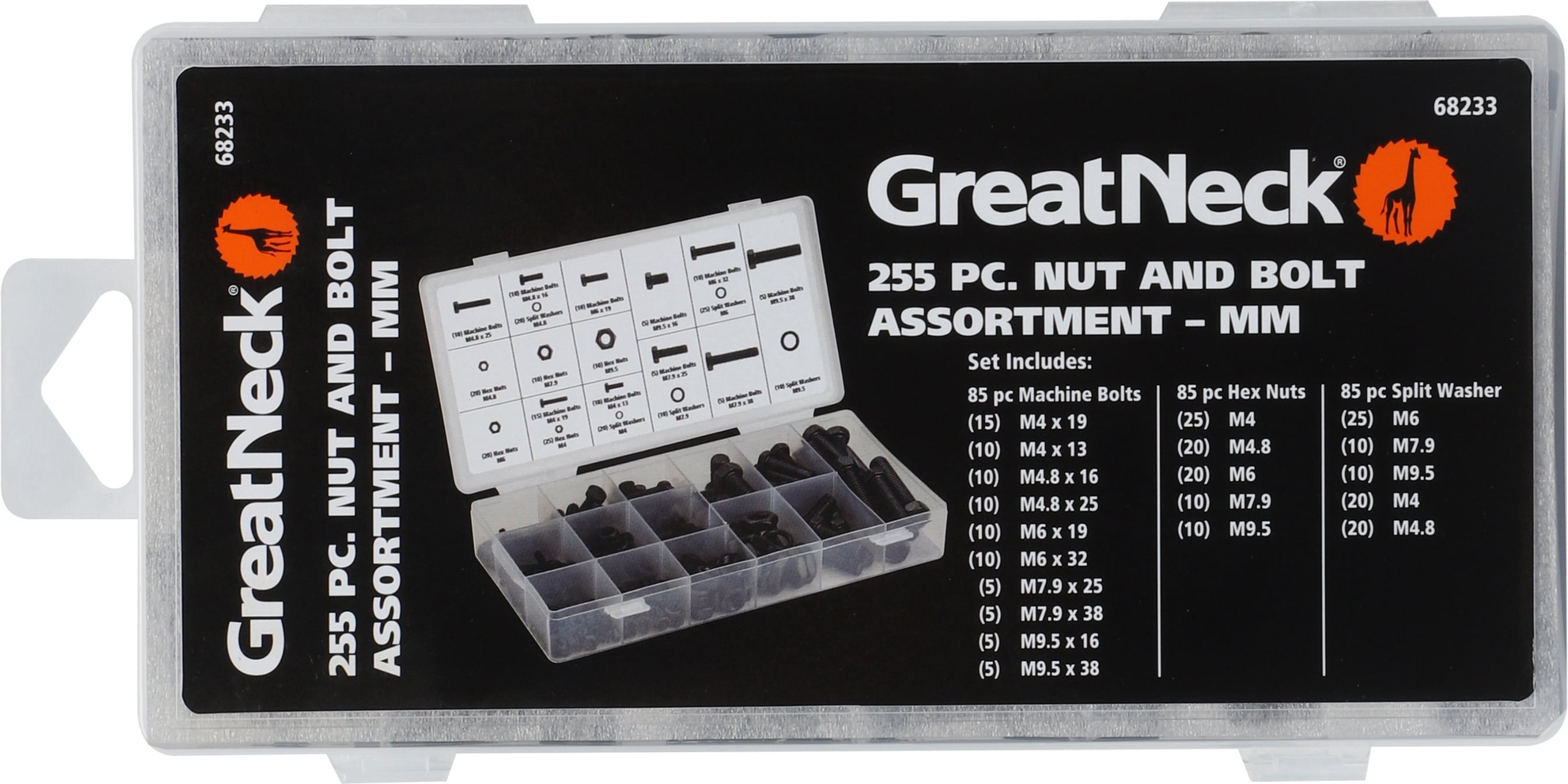 Great Neck Tools Nut & Bolt Assortment, mm, Black, 255 Piece Set