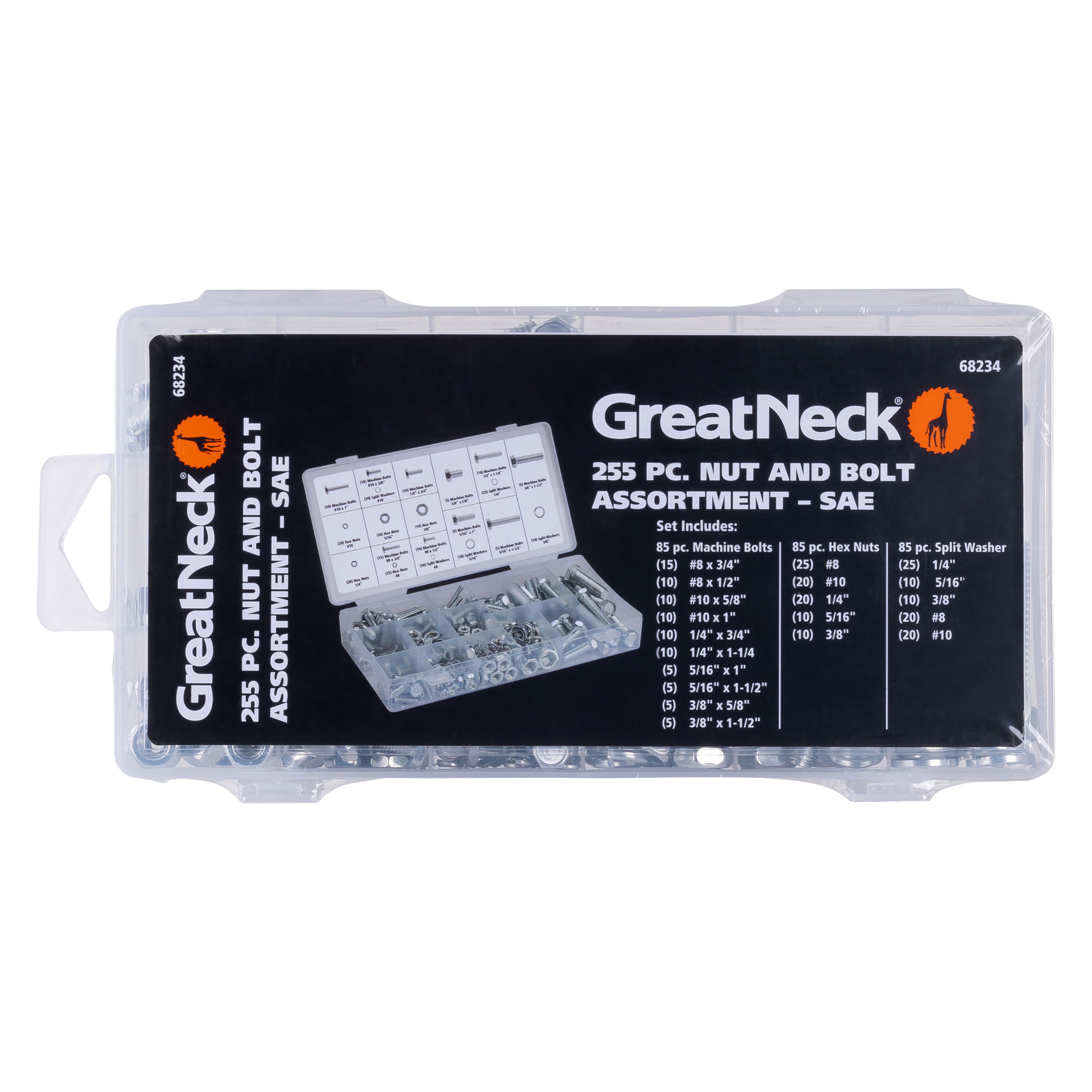 Great Neck Tools 255-Piece SAE Nut & Bolt Assortment Set, Silver, Machine Bolts, Hex Nuts, & Split Washers
