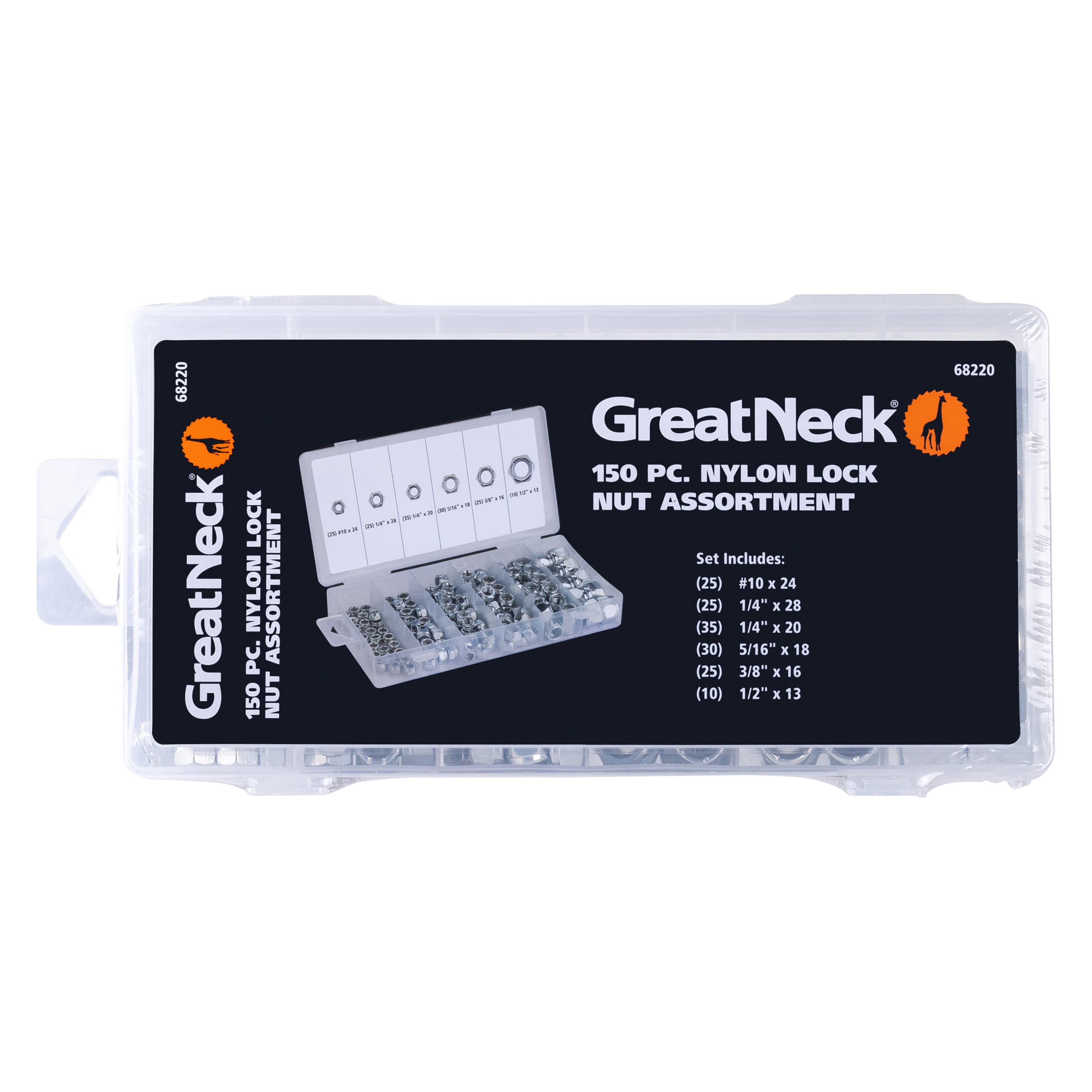 Great Neck Tools Nylon Lock Nut Assortment, 150 Piece Set