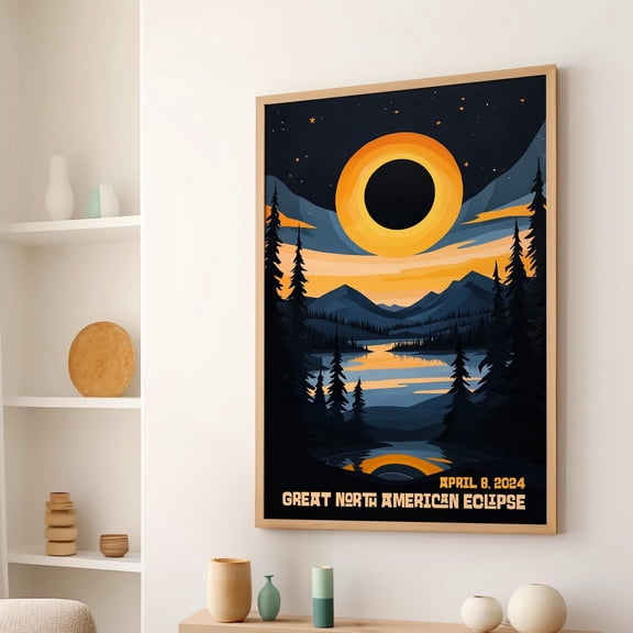 Great North American Eclipse Poster Lake And Mountains Art Blue And Yellow Sky Solar Eclipse Decor Mid-Century Modern, Poster Only